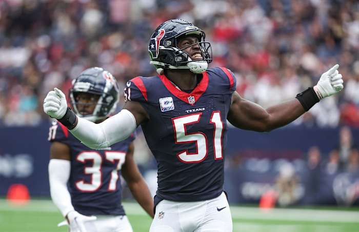 Houston Texans defensive end Will Anderson Jr. (51) reacts after a play during the third quarter against the New Orleans Saints at NRG Stadium.